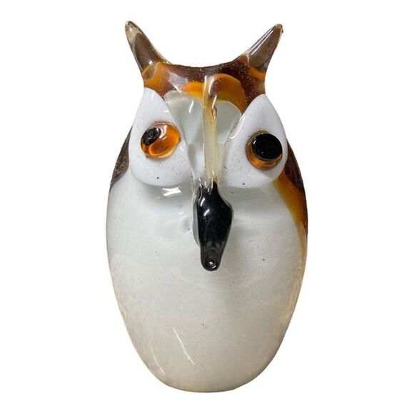 Vintage Brown & White Blown Glass Wide Eye Owl Paperweight Figurine 5 x2.5” MCM - Picture 1 of 8